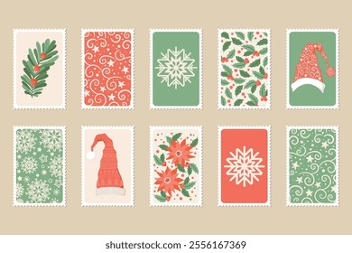 Vector illustration set of Christmas vintage post stamps with abstract snowflakes, ornaments and hats isolated on light background. Holiday design templates for card, poster, print