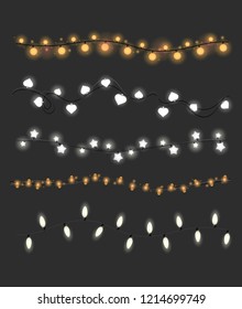 Vector illustration set of Christmas white and yellow lights on dark grey background. Collection of decorative garlands.