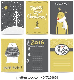 Vector illustration of a set of Christmas/New Year related printable cards, hand drawn, eps 10