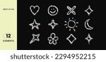 Vector illustration - Set of chrome Y2K elements. Trendy shapes with  glossy liquid metal effect. Stickers heart, stars, smile, sun, moon, flowers. Great for your design web or print projects.