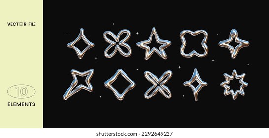 Vector illustration - Set of chrome Y2K elements. Trendy shapes with  glossy liquid metal effect. Great for your design web or print projects.