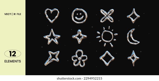 Ilustración vectorial - Conjunto de elementos cromados Y2K. Formas de moda con efecto de metal líquido brillante. Stickers corazón, estrellas, sonrisa, sol, luna, flores. Excelente para su diseño web o proyectos de impresión.