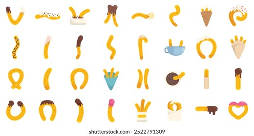 Ilustração vetorial conjunto de ícones churros com vários coberturas, mergulhos e formas, isolados no fundo branco