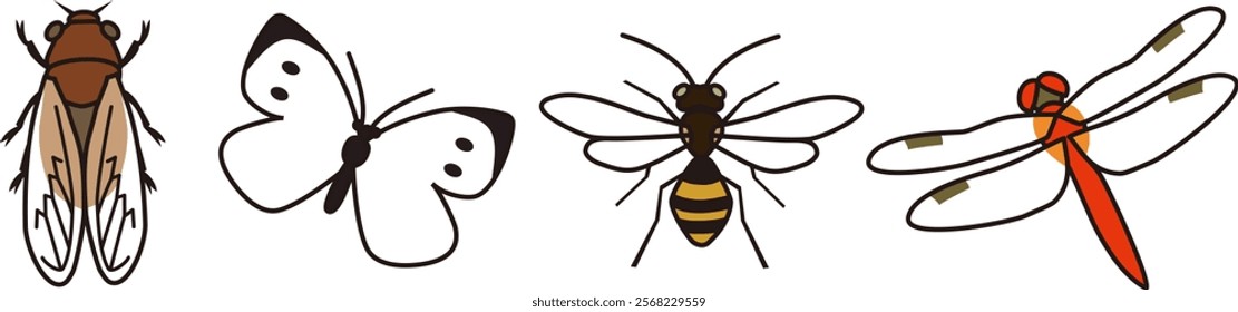  Vector illustration of a set of cicadas, butterflies, bees, dragonflies, and insects