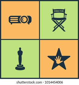 Vector Illustration Set Cinema Icons. Elements of Loudspeaker, Clapper board, Tv and 3d movie glasses Vector illustration icon on white background