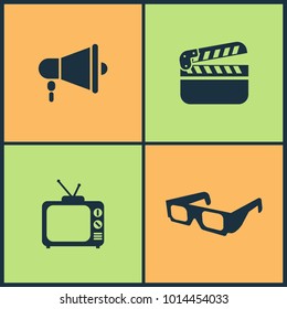 Vector Illustration Set Cinema Icons. Elements of 3d movie glasses, Film and Cinema Movie icon on white background