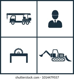 Vector Illustration Set Cinema Icons. Elements of Crane, Builder, Saw and Loader icon on white background