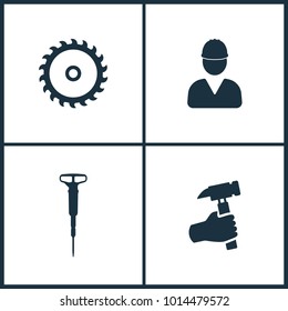 Vector Illustration Set Cinema Icons. Elements of Saw, Worker, Jackhammer and Hand holding hammer icon on white background