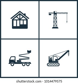 Vector Illustration Set Cinema Icons. Elements of Construction house , Building crane, Truck crane and Crane  icon on white background