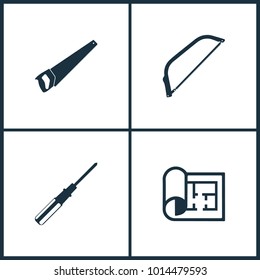 Vector Illustration Set Cinema Icons. Elements of Saw, Screwdriver and Plan icon on white background