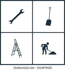 Vector Illustration Set Cinema Icons. Elements of Wrench, Shovel, Metal Step Ladder and Man with shovel icon on white background