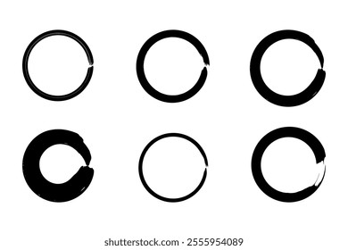 A vector illustration of a set of circle ink brush strokes represents the Zen enso, Buddhism symbol in Japanese calligraphy. It features hand-drawn frames with rough edges and grainy chalk doole