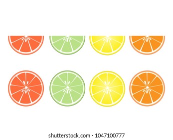 Vector illustration of set of Citrus fruit slices isolated on white background in flat design.