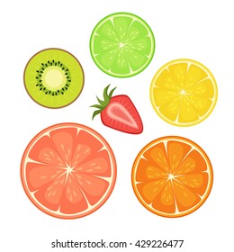 Vector illustration set with citrus, strawberry and kiwi. Fresh summer collection.