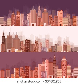 Vector illustration. Set of city silhouettes. Cityscape. Town skyline. Panorama. Midtown houses. Skyscrapers.