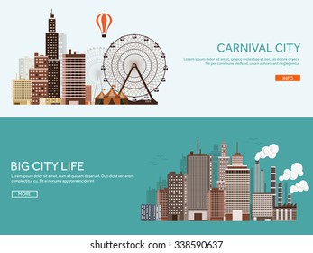 Vector illustration. Set of city silhouettes. Cityscape. Town skyline. Panorama. Midtown houses. Skyscrapers.