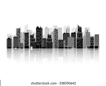 Vector illustration. Set of city silhouettes. Cityscape. Town skyline. Panorama. Midtown houses. Skyscrapers.