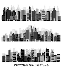 Vector illustration. Set of city silhouettes. Cityscape. Town skyline. Panorama. Midtown houses. Skyscrapers.