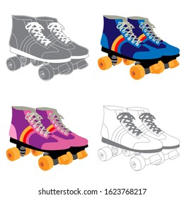 Vector illustration set of classic 1980s quad roller skates. Includes four style variations: vibrant blue and pink colored versions with rainbow stripes, a clean line-art version, and a grayscale flat design.