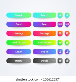 Vector illustration set of clean colorful web app buttons with symbols, text and cool gradient color in different sizes