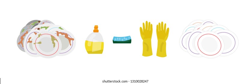 Vector illustration. Set of clean and dirty dishes on white background. Kitchen household dishes before and after wash. Detergent label design template. EPS10