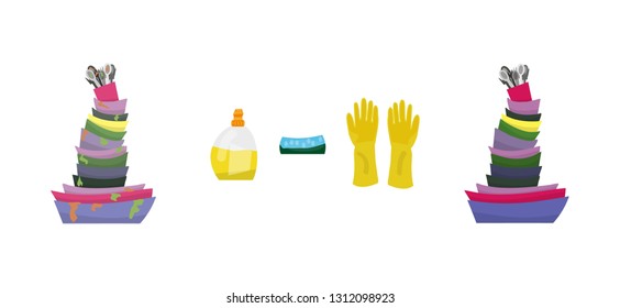 Vector illustration. Set of clean and dirty colorful dishes and cutlery on white background. Kitchen household dishes, cutlery before and after wash. Detergent label design template. EPS10
