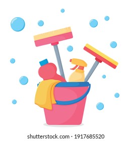 Vector illustration set for cleaning in a bucket. Flat cleaning products. Bright bucket with mops, sprays and bottles
