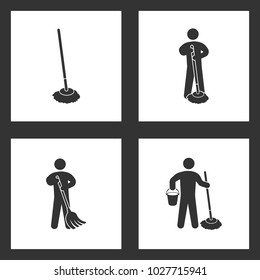 Vector Illustration Set Cleaning Icons. Elements of Mop, Cleaning Tool Equipment and cleaner man silhouette cleaning company icon on white background