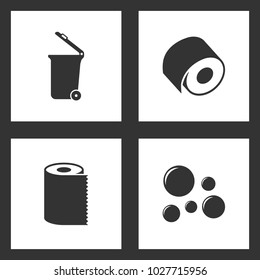 Vector Illustration Set Cleaning Icons. Elements Of Trash Can, Toilet Paper, Paper Towel Napkin Roll And Bubble Blower Icon On White Background