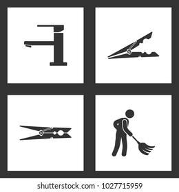 Vector Illustration Set Cleaning Icons. Elements of Water tap, clothes peg and Cleaner Man and Cleaning Tool Equipmen icon on white background