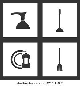 Vector Illustration Set Cleaning Icons. Elements of Toilet Plunger, detergent and dish and Sweeping broom icon on white background