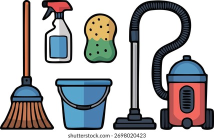 Vector illustration set of cleaning icons equipment and tools symbol isolated on white background