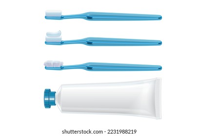 Ilustración vectorial de conjunto para la limpieza de dientes y boca, cepillo de dientes de plástico azul, toothplase, cepillo de dientes usado, tubo de dentífrico blanco con tapón azul, aislado en blanco.Atención de salud dental e higiene bucal.