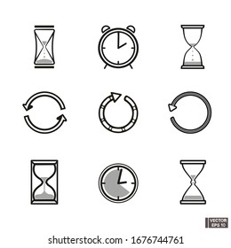 Vector illustration. Set of Clock symbol. Time icon collection on white background.