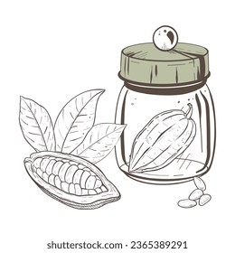 Vector illustration set of closed glass container with solid lid and cocoa pod inside, leaves and seeds. Raw cacao beans. Black outline, graphic drawing. For textile printing, stickers, logo, stamps
