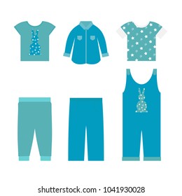 Vector illustration of a set of clothes for the boy on a white isolated background. Template for the decor of a store, a poster, an album.