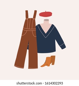 Vector illustration set with clothes. Jumpsuit, sweater, boots and beret. Fashion illustration. Wardrobe items.