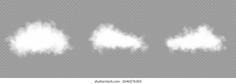 Vector illustration. Set of vector clouds, fog or smoke on an isolated transparent background. White realistic 3D vector isolated cloud on the transparent background.Vector set. Cloud, smoke, fog png.