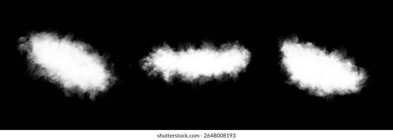 Vector illustration. Set of vector clouds, fog or smoke on an isolated transparent background. White realistic 3D vector isolated cloud on the transparent background.Vector set. Cloud, smoke, fog png.