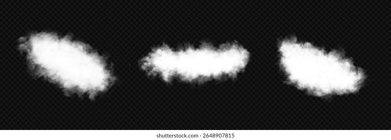 Vector illustration. Set of vector clouds, fog or smoke on an isolated transparent background. White realistic 3D vector isolated cloud on the transparent background.Vector set. Cloud, smoke, fog png.