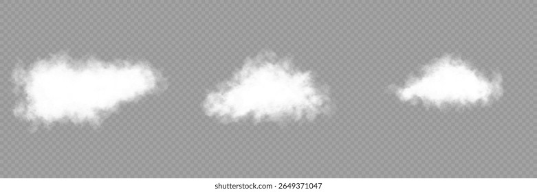 Vector illustration. Set of vector clouds, fog or smoke on an isolated transparent background. White realistic 3D vector isolated cloud on the transparent background.Vector set. Cloud, smoke, fog png.