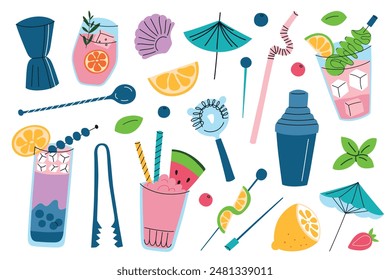 Vector illustration set of cocktail accessories and decorative elements, shakers, strainers, spoons, glasses with lemonade and mocktails. Colorful flat design for bar, mixology. Summer beverage icons