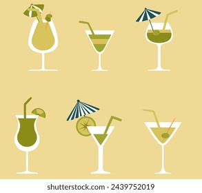 vector illustration, set, cocktail, drink, glass, shape, summer, vacation, vacation, spring, beach, alcoholic, alcohol, bar