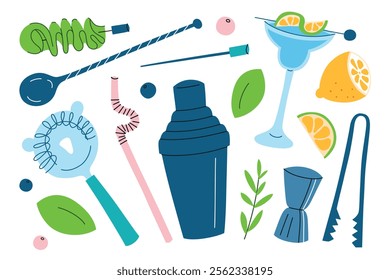 Vector illustration set of cocktail tools with shaker, jigger, spoon, strainer, and garnishes like lemon and herbs. Flat cartoon style for bartending, mixology, and drink preparation themes,