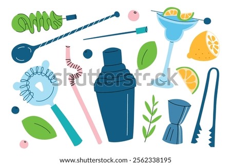 Vector illustration set of cocktail tools with shaker, jigger, spoon, strainer, and garnishes like lemon and herbs. Flat cartoon style for bartending, mixology, and drink preparation themes,