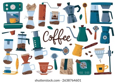 Vector illustration set of coffee brewing tools and accessories. Flat cartoon espresso machine, moka pot, pour over, grinder, coffee beans, handwritten coffee lettering, cozy kitchen vibe icons