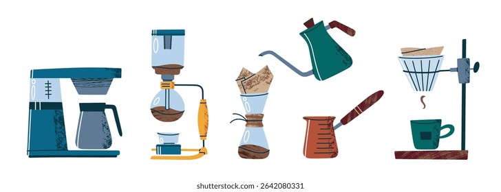 Vector illustration set of coffee brewing methods in flat cartoon style. Home and cafe equipment collection for barista tools, manual coffee making, hot drink preparation, barista kitchen design icons