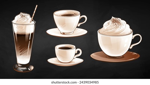Vector illustration set of coffee cups and glass on chalkboard background