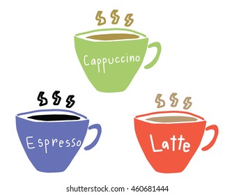 vector illustration - set of coffee cups with various menu such as espresso, cappuccino, latte on each cup.
