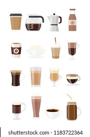 Vector illustration set of coffee drinks. Different typs of coffee isolated on white background in flat style. Coffee maker, chocolate milkshake, espresso, macchiato, cocoa and frappe,